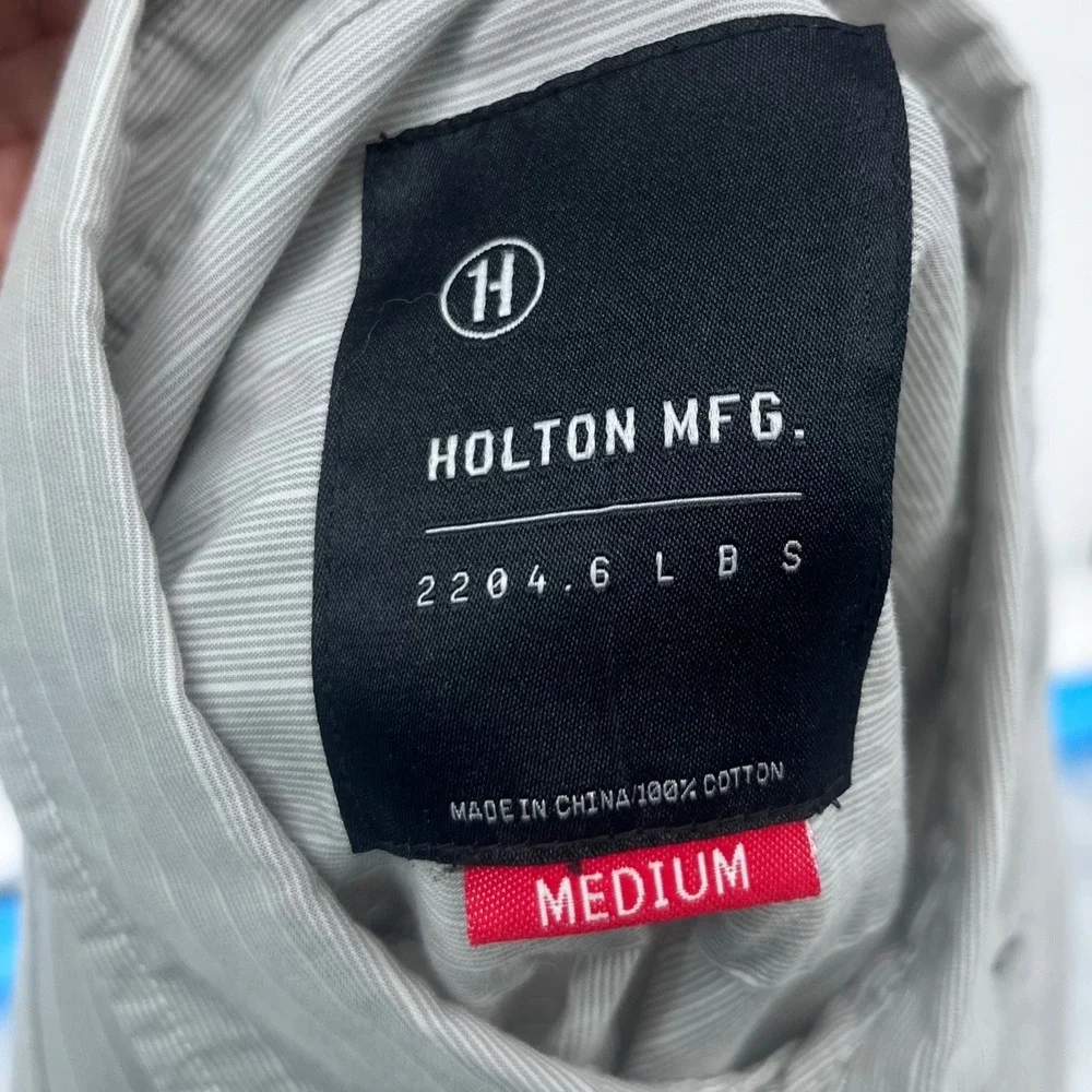 Holton Mfg Button Up Shirt Mens Medium Grey Pinstripe Long Sleeve Utility Casual